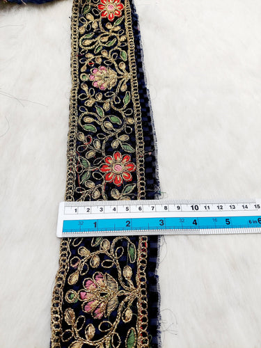 Navy Blue Chequered Velvet Trim In Gold Floral Embroidery, Gota Patti Edging Trim, Trim By Yard Decorative Trimming, Embroidered Trim